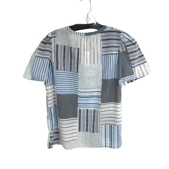NWT LOFT Laguna Blue Multicolor Striped Patchwork Tie Neck Short Sleeve Top XS - Picture 5 of 5